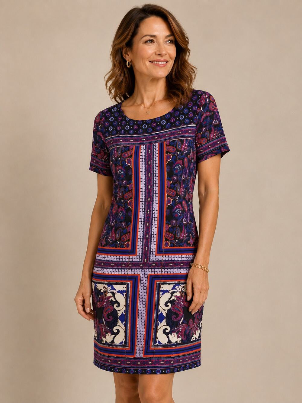 Adrianna Papell Purple Paisley Shift Dress Small Boho Chic Eclectic Artsy Casual
